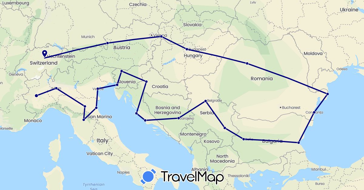 TravelMap itinerary: driving in Austria, Bosnia and Herzegovina, Bulgaria, Switzerland, Croatia, Hungary, Italy, Romania, Serbia, Slovenia, Slovakia (Europe)